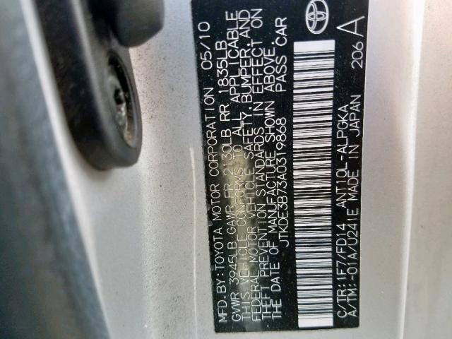 JTKDE3B73A0319868 - 2010 TOYOTA SCION TC ვერცხლისფერი ფოტო 10