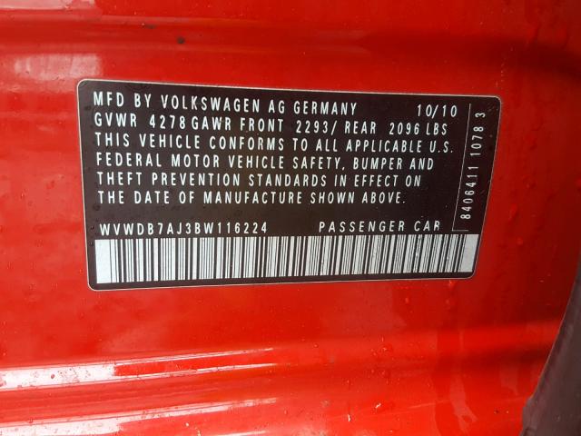 WVWDB7AJ3BW116224 - 2011 VOLKSWAGEN GOLF 红色 照片 10