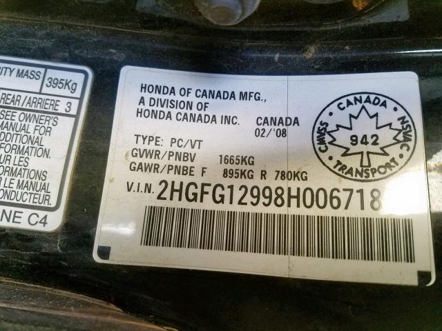 2HGFG12998H006718 - 2008 HONDA CIVIC EXL Սև լուսանկար 10