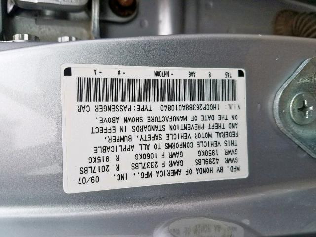 1HGCP26388A010840 - 2008 HONDA ACCORD LX SILVER photo 10