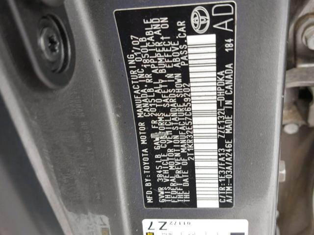 2T1KR32E57C659202 - 2007 TOYOTA COROLLA MA GRAY photo 10