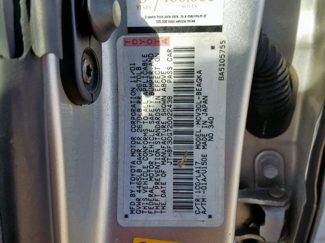 JTHBF30G720022438 - 2002 LEXUS ES 300 SILVER photo 10