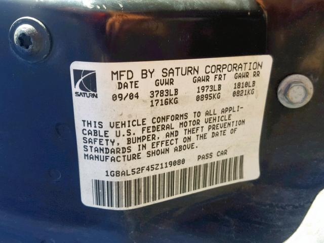 1G8AL52F45Z119080 - 2005 SATURN ION LEVEL BEIGE photo 10