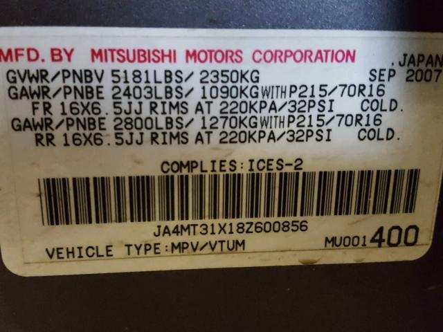 JA4MT31X18Z600856 - 2008 MITSUBISHI OUTLANDER GRAY photo 10