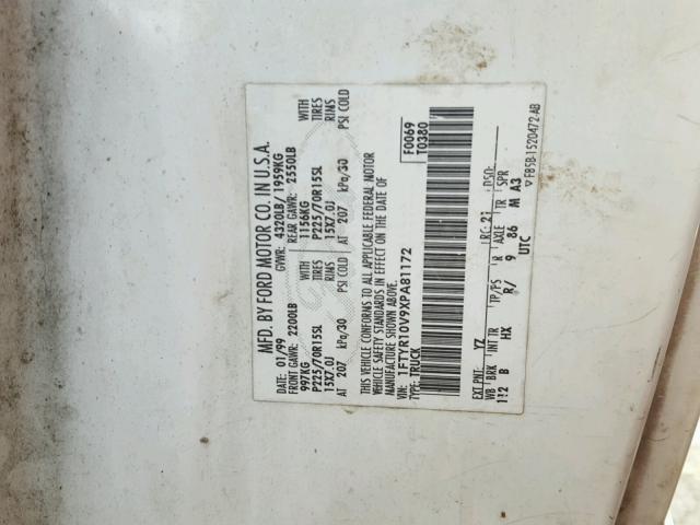 1FTYR10V9XPA81172 - 1999 FORD RANGER WHITE photo 10