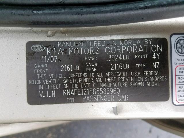 KNAFE121585535960 - 2008 KIA SPECTRA EX GOLD photo 10