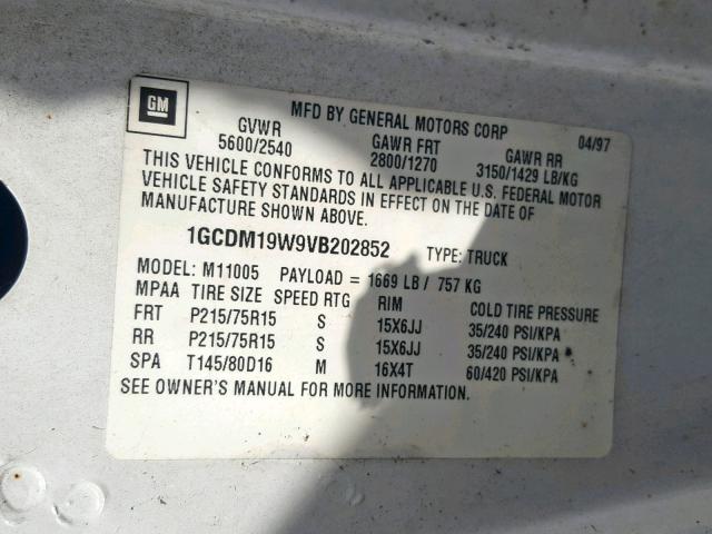 1GCDM19W9VB202852 - 1997 CHEVROLET ASTRO WHITE photo 10