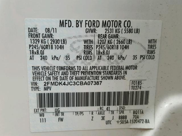 2FMDK4JC3CBA07387 - 2012 FORD EDGE SEL WHITE photo 10