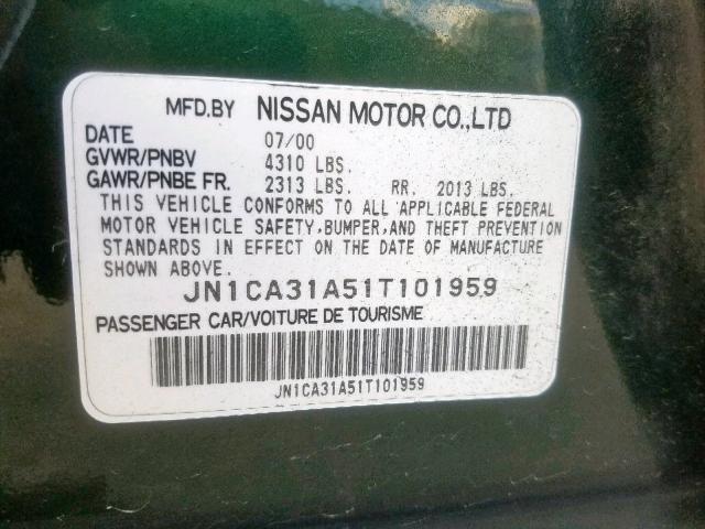 JN1CA31A51T101959 - 2001 NISSAN MAXIMA GXE GREEN photo 10