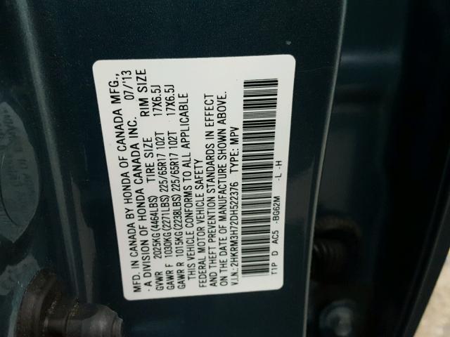 2HKRM3H72DH522376 - 2013 HONDA CR-V EXL BLUE photo 10