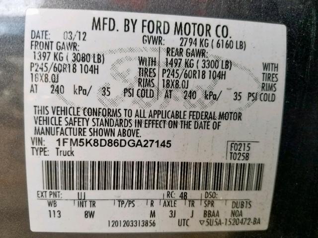 1FM5K8D86DGA27145 - 2013 FORD EXPLORER X GRAY photo 10