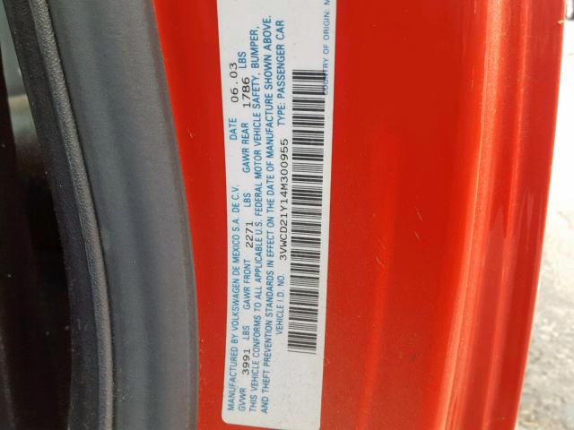 3VWCD21Y14M300955 - 2004 VOLKSWAGEN NEW BEETLE წითელი ფოტო 10