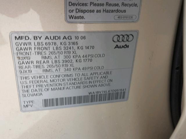 WA1BV74L67D051541 - 2007 AUDI Q7 4.2 QUA TAN photo 10