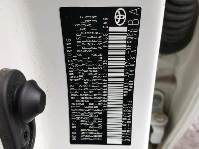 5YFBPRHE6EP139135 - 2014 TOYOTA COROLLA EC 白色 照片 10