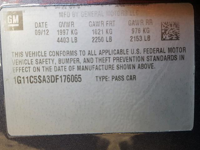 1G11C5SA3DF176065 - 2013 CHEVROLET MALIBU 1LT GRAY photo 10