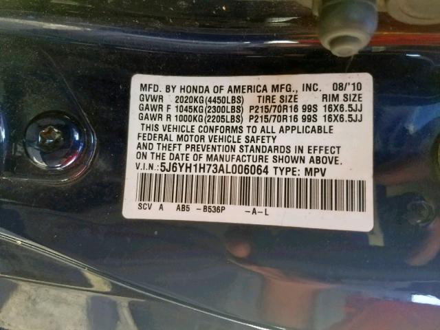 5J6YH1H73AL006064 - 2010 HONDA ELEMENT EX BLUE photo 10