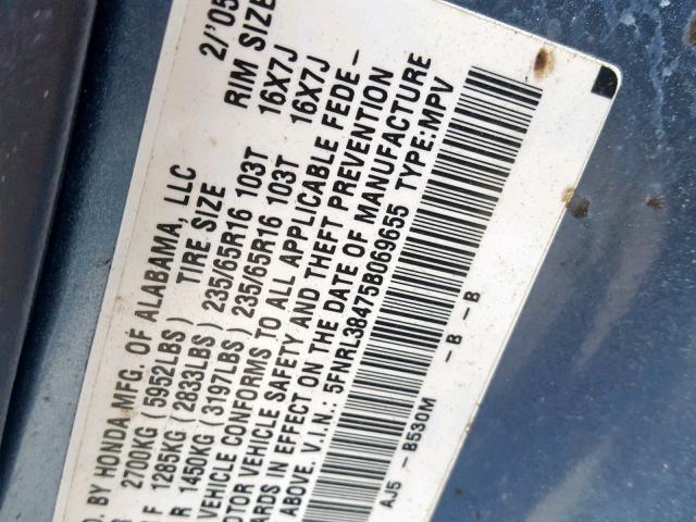 5FNRL38475B069655 - 2005 HONDA ODYSSEY EX BLUE photo 10