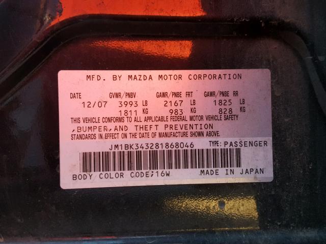 JM1BK343281868046 - 2008 MAZDA 3 HATCHBAC BLACK photo 10