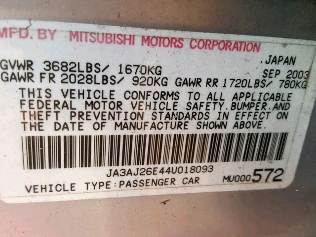 JA3AJ26E44U018093 - 2004 MITSUBISHI LANCER ES SILVER photo 10