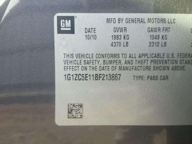 1G1ZC5E11BF213867 - 2011 CHEVROLET MALIBU 1LT CHARCOAL photo 10