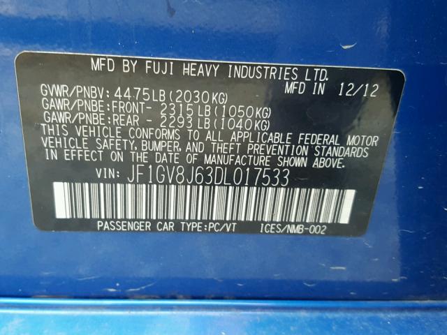 JF1GV8J63DL017533 - 2013 SUBARU IMPREZA WR BLUE photo 10