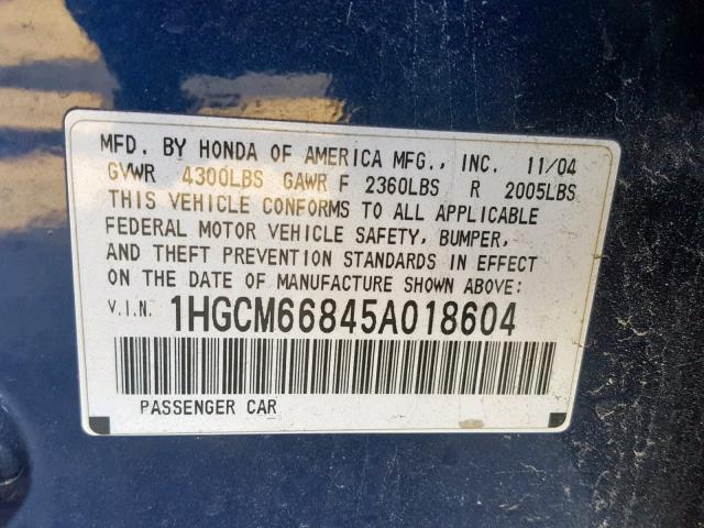 1HGCM66845A018604 - 2005 HONDA ACCORD EX BLUE photo 10