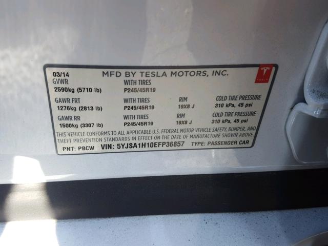 5YJSA1H10EFP36857 - 2014 TESLA MODEL S WHITE photo 10