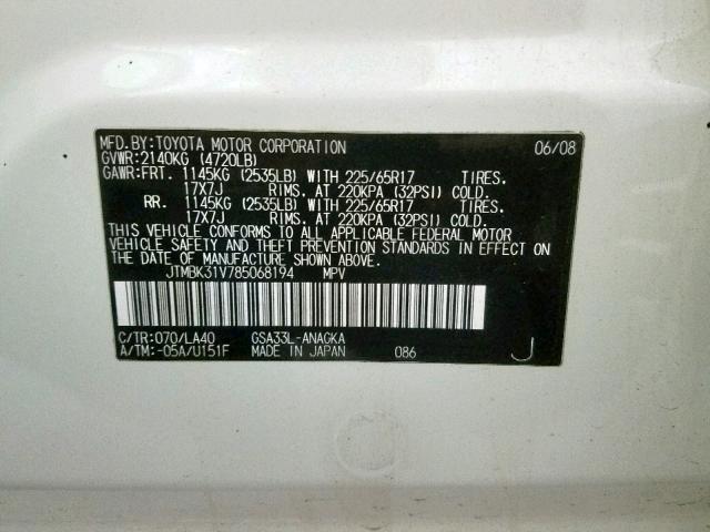 JTMBK31V785068194 - 2008 TOYOTA RAV4 LIMIT WHITE photo 10