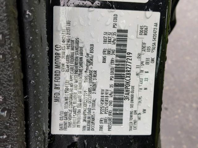 3FAHP0KCXBR277219 - 2011 FORD FUSION SPO BLACK photo 10