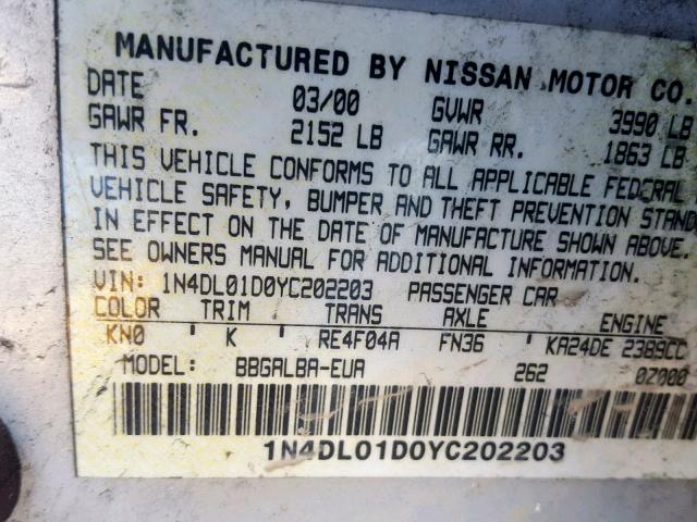 1N4DL01D0YC202203 - 2000 NISSAN ALTIMA XE GRAY photo 10