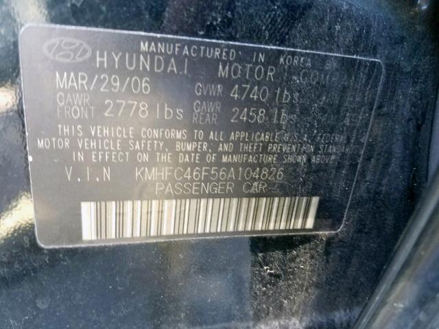 KMHFC46F56A104826 - 2006 HYUNDAI AZERA SE BLACK photo 10