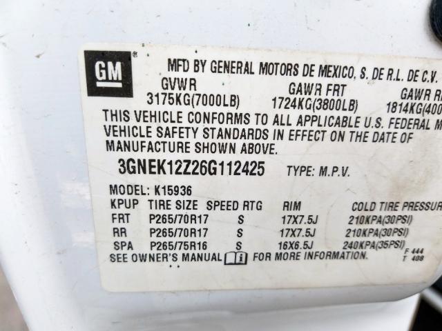 3GNEK12Z26G112425 - 2006 CHEVROLET AVALANCHE WHITE photo 10