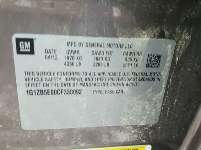 1G1ZB5E00CF330092 - 2012 CHEVROLET MALIBU LS 灰色 照片 10