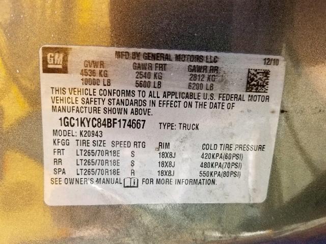 1GC1KYC84BF174667 - 2011 CHEVROLET SILVERADO GRAY photo 10