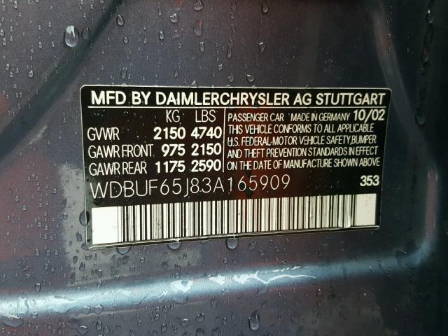 WDBUF65J83A165909 - 2003 MERCEDES-BENZ E 320 BLUE photo 10