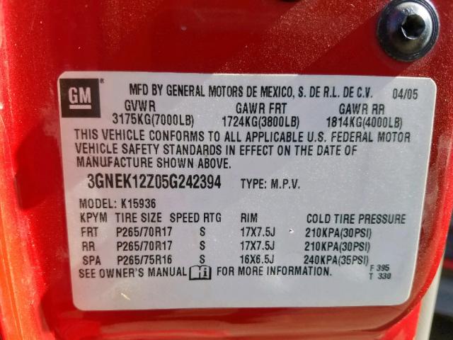 3GNEK12Z05G242394 - 2005 CHEVROLET AVALANCHE RED photo 10