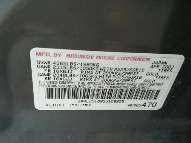 JA4LZ31G93U109855 - 2003 MITSUBISHI OUTLANDER GRAY photo 10