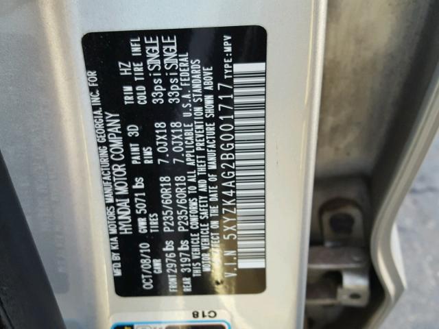 5XYZK4AG2BG001717 - 2011 HYUNDAI SANTA FE L SILVER photo 10