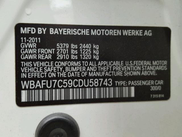 WBAFU7C59CDU58743 - 2012 BMW 535 XI WHITE photo 10