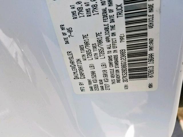 3D7KS28D86G123089 - 2006 DODGE RAM 2500 S Սպիտակ լուսանկար 10