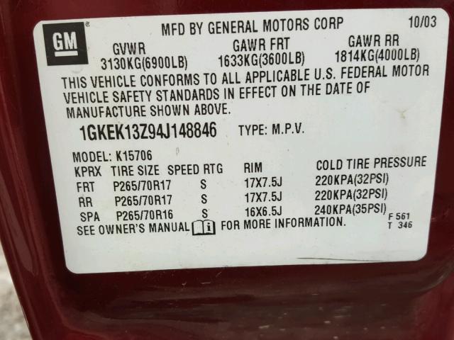 1GKEK13Z94J158846 - 2004 GMC YUKON RED photo 10