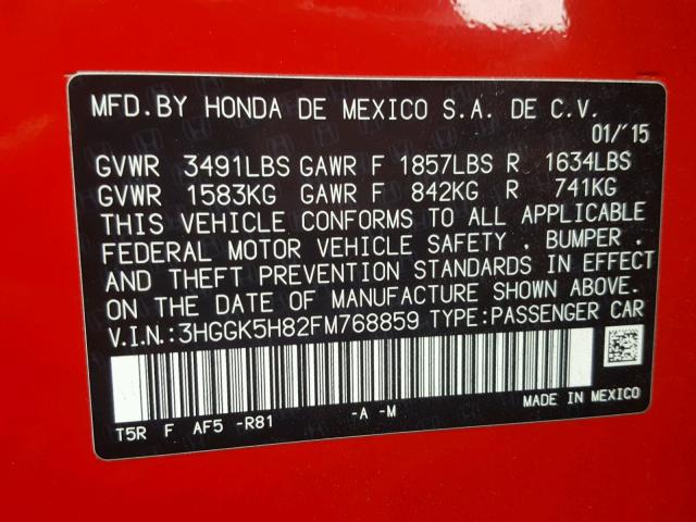 3HGGK5H82FM768859 - 2015 HONDA FIT EX RED photo 10