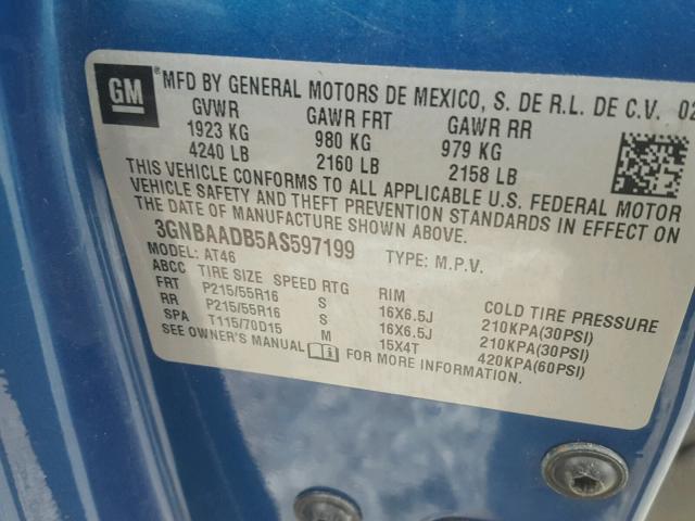 3GNBAADB5AS597199 - 2010 CHEVROLET HHR LS BLUE photo 10