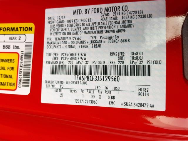 1FA6P8CF3J5129560 - 2018 FORD MUSTANG GT RED photo 10