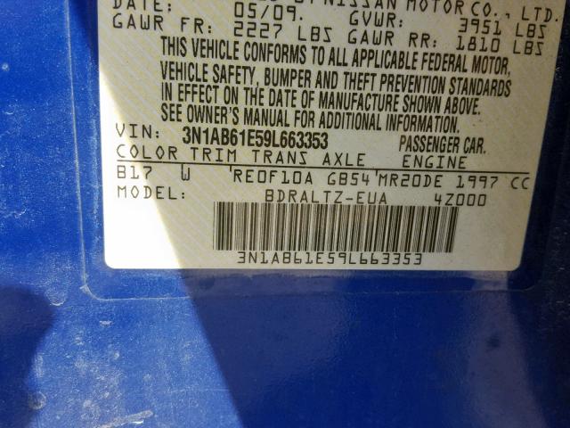 3N1AB61E59L663353 - 2009 NISSAN SENTRA 2.0 BLUE photo 10