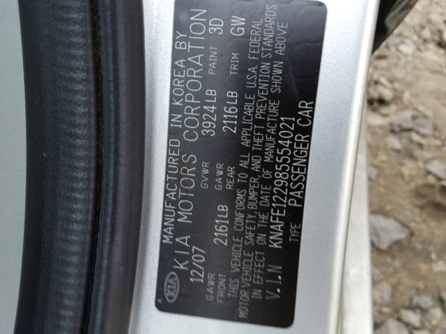 KNAFE122985554021 - 2008 KIA SPECTRA EX SILVER photo 10