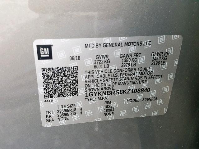 1GYKNBRS8KZ108840 - 2019 CADILLAC XT5 GRAY photo 10