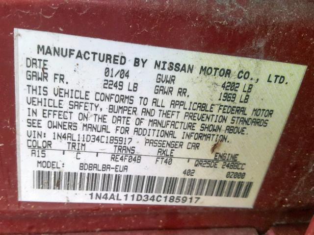 1N4AL11D34C185917 - 2004 NISSAN ALTIMA BAS RED photo 10