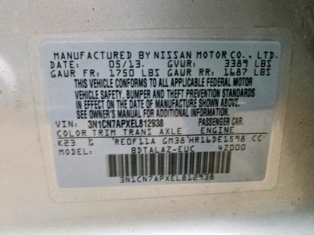 3N1CN7APXEL812938 - 2014 NISSAN VERSA S SILVER photo 10