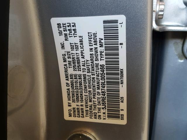 5J6RE48749L005466 - 2009 HONDA CR-V EXL SILVER photo 10